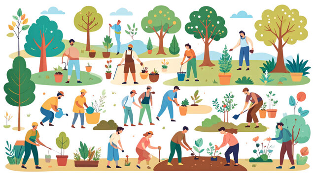 Flat vector illustration collection of diverse people gardening planting trees watering flowers and organic farming in a community garden.