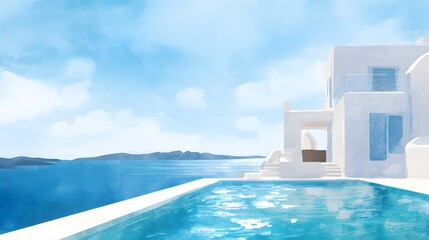 Obraz premium Serene Santorini villa luxury escape Mediterranean sea view summer vacation illustration art design