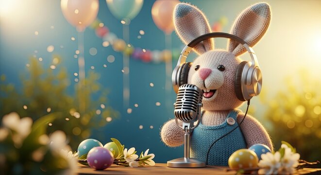 Cute bunny rabbit wearing headphones and holding microphone at podcast setup with easter eggs balloons and flowers. Easter holiday fun and music celebration concept for spring party themes