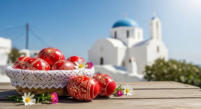 Basket of red painted Easter eggs with white daisies on wooden table. Traditional Greek Orthodox Easter near white church with blue dome. Spring holiday celebration concept