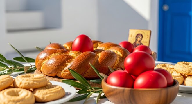 Traditional orthodox easter table with braided bread tsoureki red dyed eggs and olive branches. Festive greek celebration arrangement including koulourakia cookies and religious icon for holiday