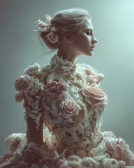 Fototapeta premium Surreal fashion concept of a woman wearing a dress made of whipped white cake cream and frosting