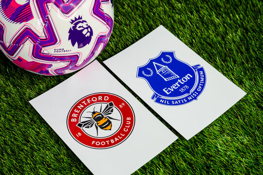 Brentford vs. Everton Premier League football game, official match ball on lush green pitch, wallpaper with copy space.