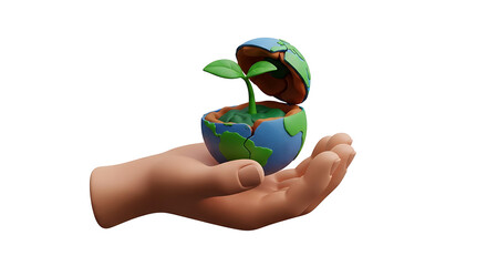 Clay hand cradling a sprouting globe, representing new life