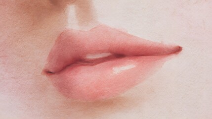 Fototapeta premium Elegant pink lips watercolor illustration delicate beauty soft texture refined aesthetic visual art portrait
