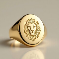 Naklejka premium Luxury yellow gold signet ring with smooth oval face engraved with clean minimalist lion head silhouette