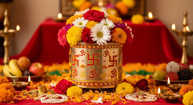 Sacred Golden Kalash Ornamented with Fresh Marigold Flowers Symbolizing Abundance and Prosperity during Auspicious Dhanteras Celebration and Divine Laxmi Pujan Hindu Religious Festival