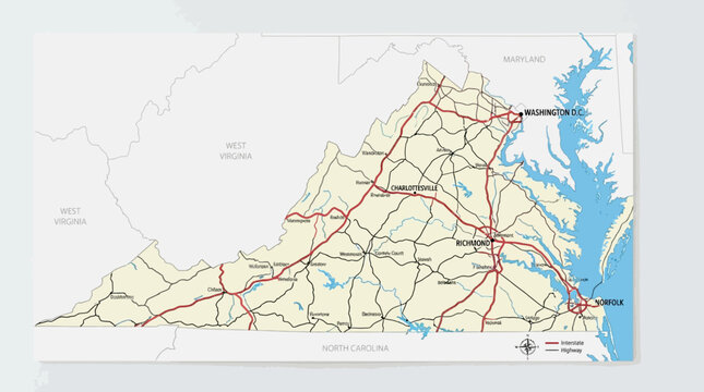 Detailed Road Map of Virginia, USA, Highlighting Major Cities, Interstates, and Neighboring States