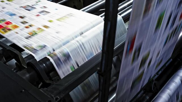 Printing press rolls of paper in motion printing newspapers and magazines industrial machine in operation producing publications quickly