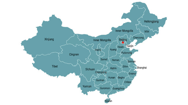 Simplified Map of China with Provinces and Regions, highlighting Beijing with a red location pin