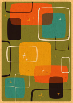 1950s Poster Vector Template. Mid Century Modern Style Illustration, 50s Template for Retro Party, Event Poster, Atomic Age Style, Space Age Design, Abstract Shapes, 1950s Colors, Aged Paper Texture