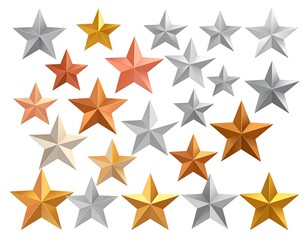 Obraz premium Assortment of star icons in various metallic colors and sizes, perfect for design