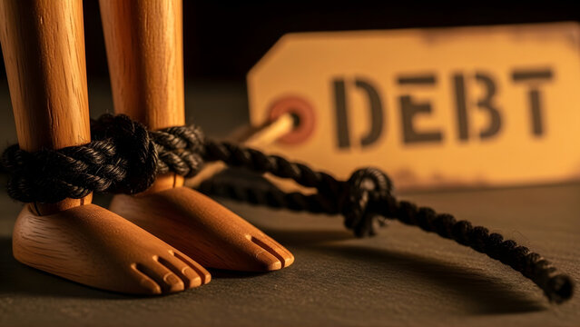 Wooden mannequin's legs metaphorically bound by a sturdy rope, symbolizing the inescapable weight and restriction of overwhelming financial debt