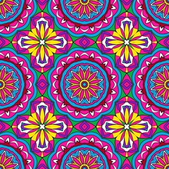 Fototapeta premium Vibrant seamless mandala pattern with pink, blue, yellow and green geometric ornaments creating a lively boho backdrop ideal for fabrics, wallpapers, crafts and digital designs.