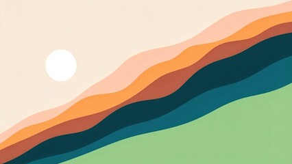 Abstract retro landscape with layered hills in warm tones and a white sun minimalist design for modern backgrounds wallpapers and creative projects,projects,projects,projects