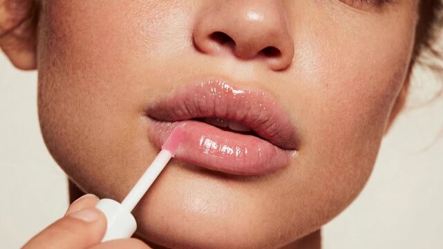 Close view of female lips with gloss applicator highlighting beauty skincare routine cosmetic treatment and self care ritual in clean minimal studio setting