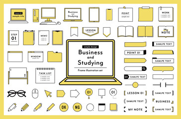 ビジネスや勉強のフレームのセット　パソコン　PC　あしらい　飾り　仕事　イラスト　ノート　本　枠