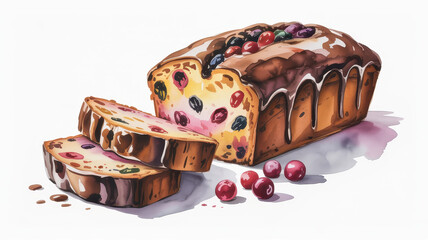 Naklejka premium Glazed fruitcake with sliced pieces and cherries on white