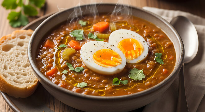 Nutritious and comforting ceramic bowl of hearty brown lentil stew garnished with a halved hard boiled egg, rustic wooden table background, savory homemade legume pottage, culinary meal.