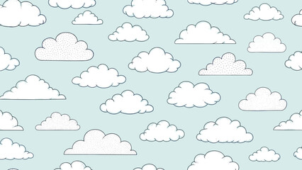 Obraz premium Whimsical seamless pattern displays various fluffy white clouds with stippled textures on a light blue background sky.