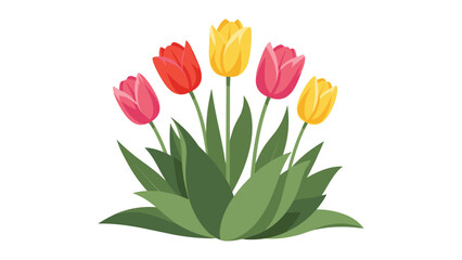 Obraz premium Vibrant bouquet of five tulips in shades of red, pink, and yellow is gathered together with lush green leaves at the base.