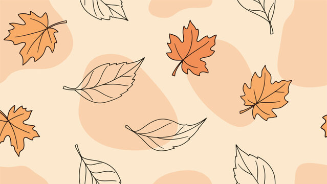 Seamless autumn pattern showing falling maple and birch leaves in warm orange and black outlines over a beige background with soft abstract blobs.