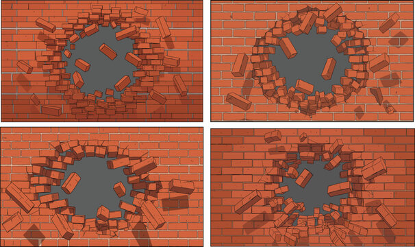 Cartoon brick wall breaking with explosive impact, flying debris, large hole destruction stages, demolition illustration symbolizing breakthrough, obstacle removal, construction collapse concept