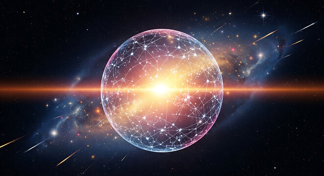 Radiant celestial sunrise over a conceptual digital planet orb amidst shimmering stellar constellations and cosmic nebulae in a deep galaxy background