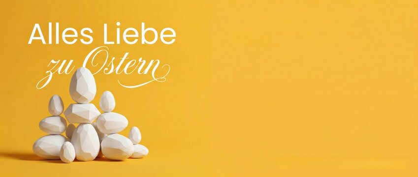 White geometric Easter eggs stacked in pyramid formation with Alles Liebe zu Ostern text, symbolizing spring, celebration, and new beginnings Concept of holiday, tradition, and joy