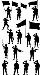 Fototapeta premium Black silhouettes of soldiers in various poses, some with flags