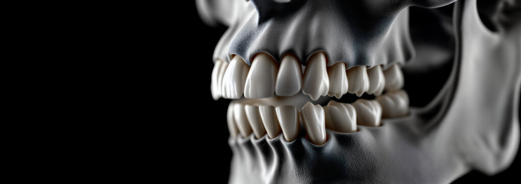 Closeup of human skull. Forensic display of skull and teeth. Cinematic image showcasing forensic skull with detailed teeth surface