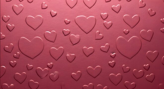 Seamless pattern of embossed hearts on a deep pink or magenta textured background for valentines day or romance theme