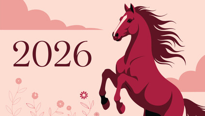 2026 Year of the Horse red horse with flowing mane clouds and flowers on light background modern flat style Chinese New Year vector illustration © Nass Studio