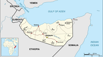 Fototapeta premium Detailed Political and Physical Map of Somaliland and Surrounding Regions in the Horn of Africa