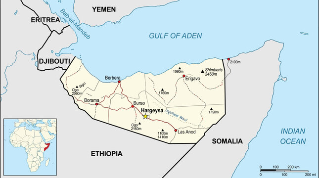 Detailed Political and Physical Map of Somaliland and Surrounding Regions in the Horn of Africa