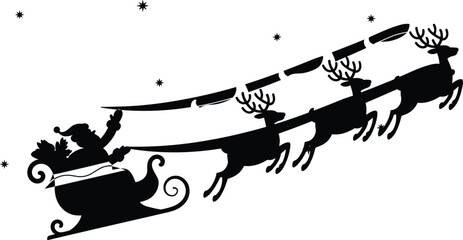 Santa Claus sleigh silhouette, flying reindeer illustration, Christmas holiday design, festive winter artwork, gift sack vector, snowflake background, seasonal decoration © MDKAZOL