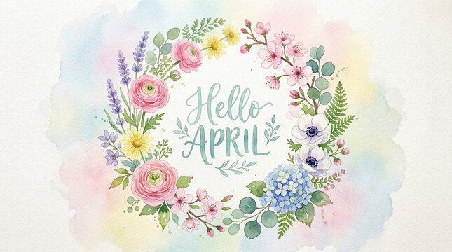 Watercolor floral wreath with "Hello April, Spring is Here" text. Elegant hand-painted roses, lavender, and blossoms in pastel colors on a soft wash background.