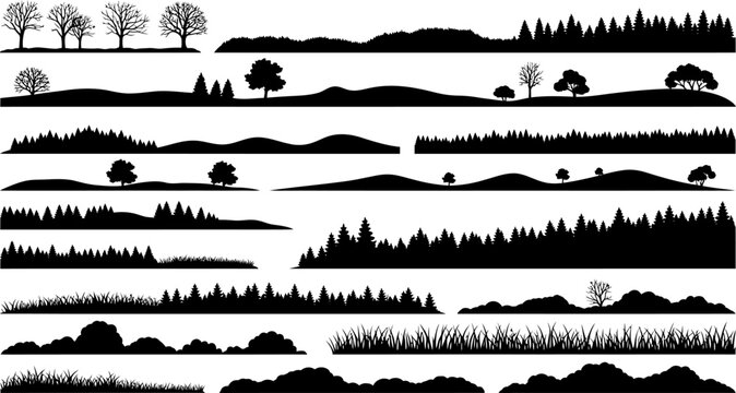 Diverse black silhouette landscape elements, trees, hills, and grass for graphic design.