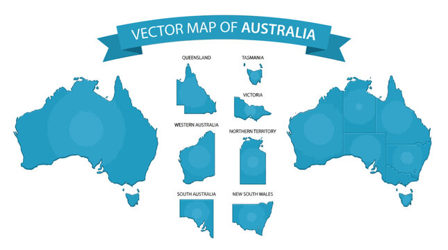 Vector Map of Australia with States & Territories - Queensland, Tasmania, Victoria, Western Australia, Northern Territory, South Australia, New South Wales