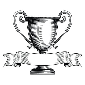 Black and white outline line art drawing vintage trophy cup with blank banner ribbon prize illustration