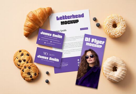 Purple Stationery Mockup with Letterhead Business Cards and Pastries