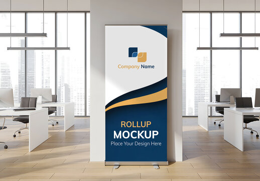 Professional Rollup Banner Mockup in Modern Office Setting