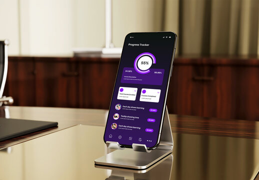 Smartphone Mockup with Progress Tracker App on Office Desk
