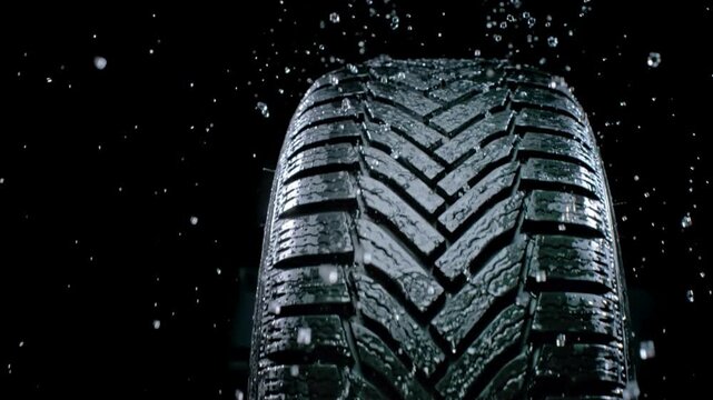 Automobile tire rotating, spraying numerous water droplets into the air against a deep black background, demonstrating tire's grip