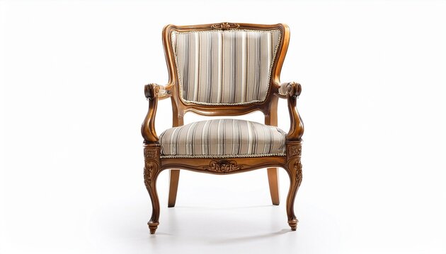 Biedermeier Style Armchair Isolated On A White Background Light Colored Wood With Scrolled Armrests And A Striped Upholstered Seat Elegant 19Th Century Design