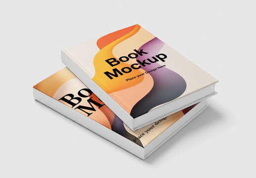 Two Hardcover Books Mockup with Abstract Colorful Wave Design on White Background