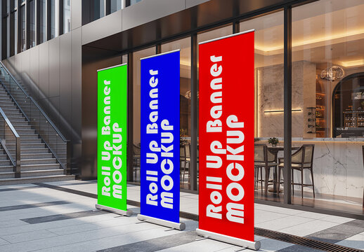 Three Roll Up Banner Stand Mockup Outside Modern Office