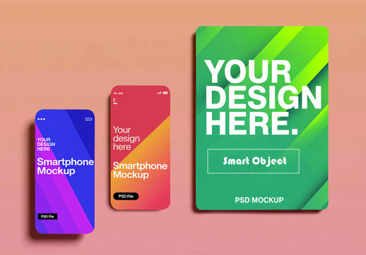 Two Smartphone Mockups and Vertical Poster Display with Colorful Gradient UI Design