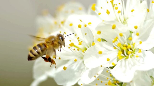 Honey bee with delicate wings hovers gracefully near a cluster of pristine white flowers, vibrant yellow pollen visible