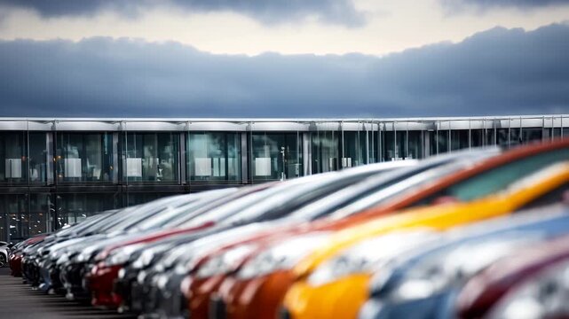 Large fleet of colorful new cars parked in rows at dealership lot under dramatic cloudy sky
